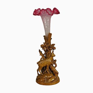 Finely Carved Wood Chamois with Glass Vase from Brienz, 1900