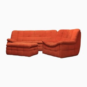 Orange Sofa with Armchair and Puff, Set of 3