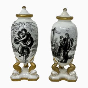 Vases ou Urnes Antiques en Porcelaine Dorée, France, 19ème Siècle, Set de 2