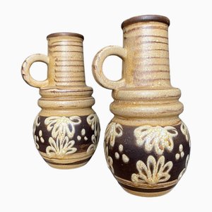Vases Modèle 428 26 avec Poignées Moyennes Marron et Crème avec Fleurs de Scheurich Keramik, Allemagne de l'Ouest, 1960s, Set de 2