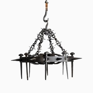 Spanish Gothic Baroque Hand Forged Wrought Iron Gallows Candleholder Chandelier, 2010s