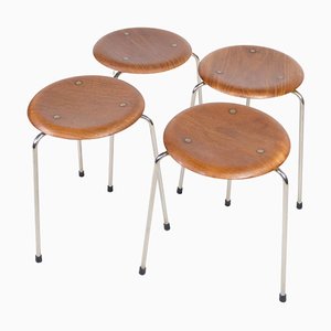 Stool with Three Legs in Chrome-Plated Metal with Teak Veneer Seat by Arne Jacobsen for Fritz Hansen, 1960s, Set of 4