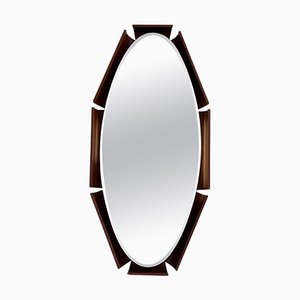 Curved Teak Plywood Oval Mirror with Backlight attributed to I.S.A. Bergamo, 1960s