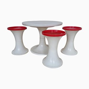 Mid-Century Space Age 3-Tulip Stools and Coffee Table, Germany, 1970s, Set of 4