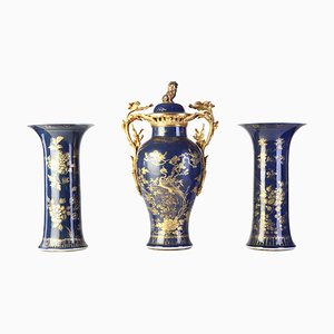 18th Century Chinese Powder Blue Gilt-Decorated Vases, 1780s, Set of 3