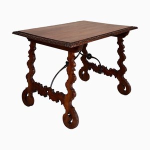 Spanish Side Table in Walnut with Carved Lyre Legs and Top, 1890