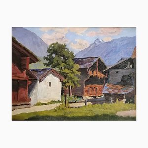 Edmond Bornand, Mazots à Zermatt, 1926, Huile sur Carton, Encadrée