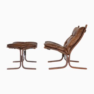 Cognacbrauner Vintage Siesta Stuhl & Fußhocker aus Leder von Ingmar Relling für Westnofa, 1960er, 2er Set