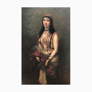 Blanche Pierron, Jeune femme en costume oriental et bouquet de fleurs, Huile sur Toile