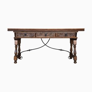 Early 20th Century Spanish Fold Out Console Table with Iron Stretcher & 3 Drawers, 1900s