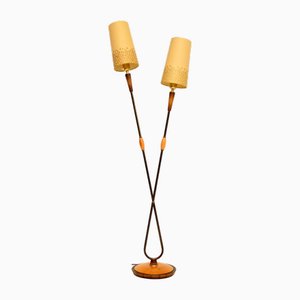 Vintage French Brass & Walnut Floor Lamp, 1960s