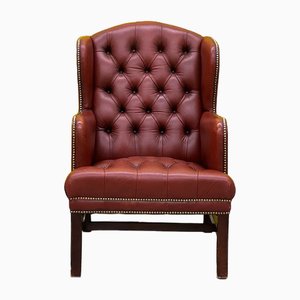 Vintage Buttoned Red Leather Chesterfield Wing Chair, 1980s