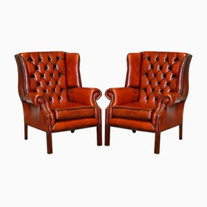 Burgundy Brown Leather Hand Dyed Wingback Chairs, Set of 2