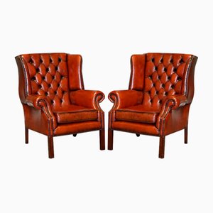 Set of Burgundy Brown Leather Hand Dyed Wingback Chairs