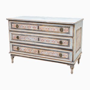 Late 18th Century Hand-Painted Louis Seize Chest of Drawers with Blue & Red Decoration