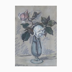 Louis Henri Salzmann, Deux roses en vase, 1938, Pastel on Paper, Framed