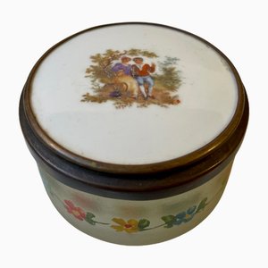 Antikes französisches Kosmetik-Schmuckstück aus handbemaltem Porzellan und Glas