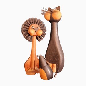 Cat, Lion & Mouse Figurines by Gunnar Florning for Laurids Lonborg, Denmark, 1960s, Set of 3