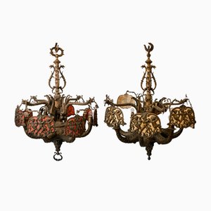 Bronze and Brass Chandeliers in the style of Guada, 1920s, Set of 2