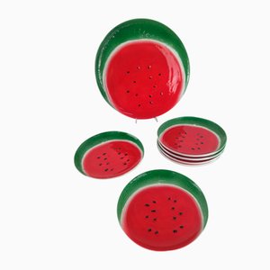 Vintage Italian Handcrafted and Hand Painted Watermelon Plates, 1970s, Set of 7