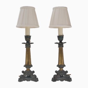 Antique French Empire Dolphins Candlestick Table Lamps, 1800s, Set of 2