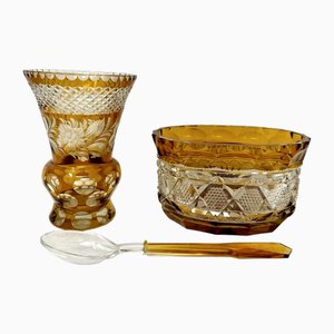 Antique Edwardian Hand Cut Crystal Vase & Bowl Centerpiece in Amber, Set of 3