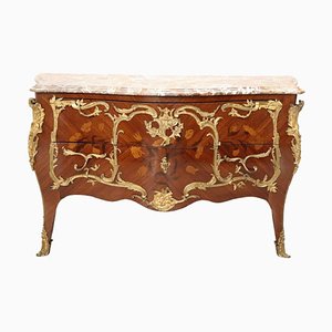 Antike Kommode aus Holz Intarsien & Vergoldeter Bronze mit Marmorplatte, Ende 19. Jh.