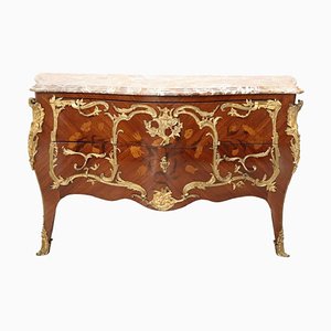 Antique Chest of Drawers in Inlay Wood and Gilt Bronze with Marble Top, Late 19th Century