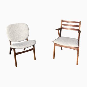 Set of Vintage Danish Armchairs in White Bouclé and Teak from Eiche & Buche, 1960s