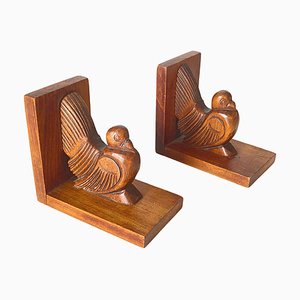 Fermalibri Art Deco Brown Birds in legno, Francia, anni '40, set di 2