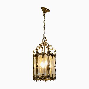 Large French Rococo Lantern Hall Light in Brass and Glass, 1920