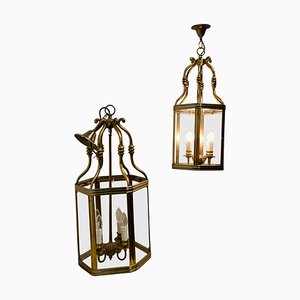 Large French Art Deco Hall Lanterns in Brass and Glass, 1960, Set of 2