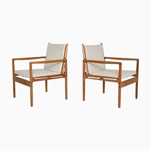 Modern Danish Safari Chairs in Oak & Light Canvas attributed to Ole Wanscher, 1960s, Set of 2