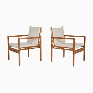 Set of Modern Danish Safari Chairs in Oak & Light Canvas attributed to Ole Wanscher, 1960s