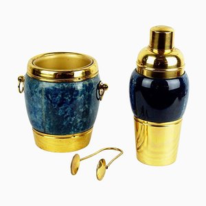 Italian Brass & Blue Goatskin Cocktail Set attributed to Aldo Tura for Macabo, 1960s, Set of 3