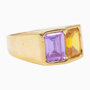 Bague Vintage en Or 18k avec Tourmaline Jaune et Rose, 1960s