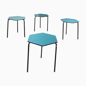 Tables de Bar Hexagonales Mid-Century en Formica Bleu et Métal Noir, 1960s, Set de 4