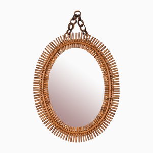 Mid-Century French Riviera Oval Wall Mirror with Bamboo and Rattan Frame by Franco Albini, 1960s