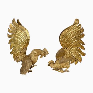 Italian Gold Plated Fighting Cockerel Ornaments, 1960s, Set of 2