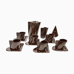 Italian Futurist Tea Set in Brown Ceramic by Enzo Bioli for Il Picchio, 1960s, Set of 15