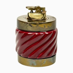 Italian Table Lighter in Bordeaux Ceramic and Brass by Tommaso Barbi, 1970s