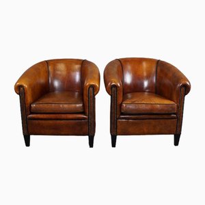 Leather Club Chairs with Black Piping, Set of 2