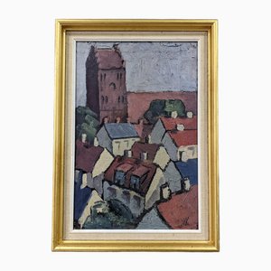 Aerial View, 1950s, Oil on Board, Framed