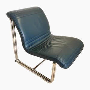 Mid-Century Lounge Chair in Navy Blue Leather, 1980s