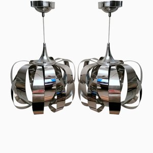 Space Age Polished Steel Chandeliers, 1960, Set of 2