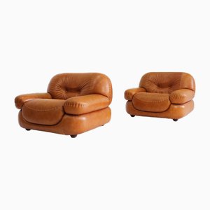 Cognac Leather Armchairs by Sapporo for Mobil Girgi, Italy, 1970s, Set of 2