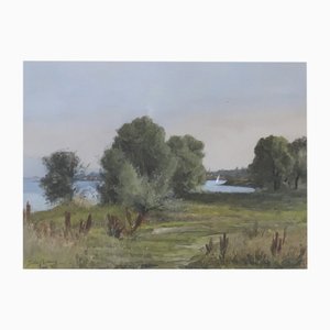 Jules Crosnier, Chemin au bord du lac, Guazzo su carta, con cornice