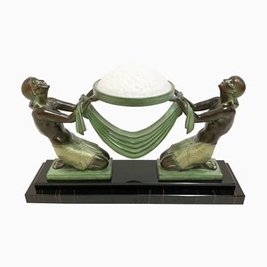 Spelter and Marble Offrande Sculpture Lamp with Glass Light by Fayral for Max Le Verrier, 2022