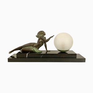 Spelter and Marble Seduction Lumineuse Sculpture Lamp with Lighted Glass Ball by Fayral for Max Le Verrier, 2022