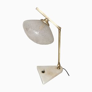 Lámpara de mesa italiana vintage ajustable de latón, vidrio y mármol, 1950